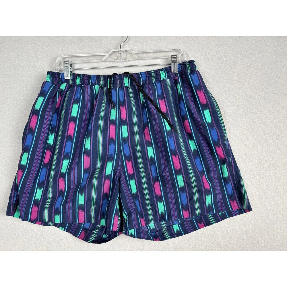 Pacific Scene Swim Trunks Mens Large Blue Multicolor Nylon Mesh Lined Drawstring